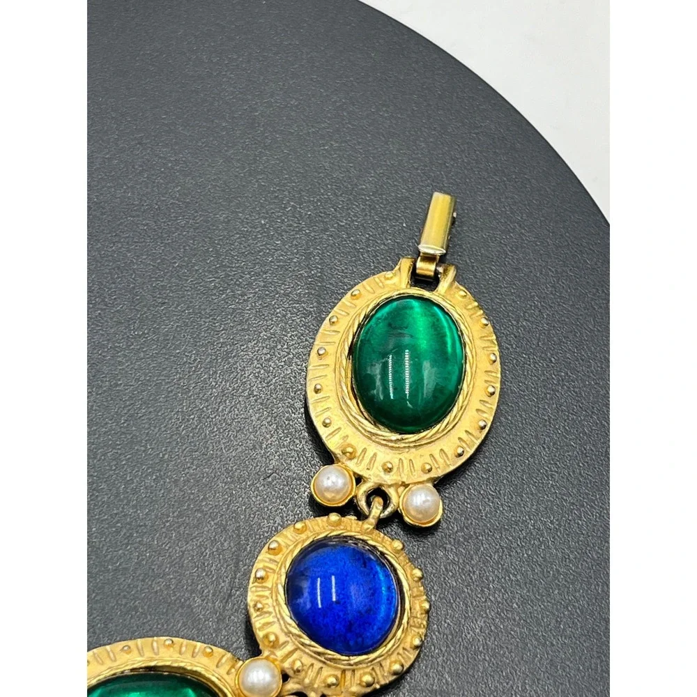 Vintage Blue Green Gemstone color cabochon Byzantine costume Pearl Bracelet 7
